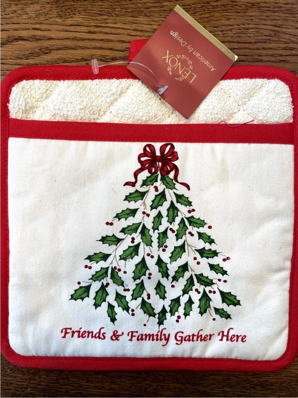 Lenox Red, White & Green Holiday Potholder with Holly Tree Embroidery